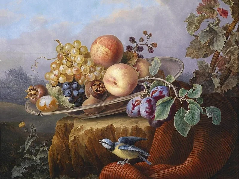1803-Carl Franz Gruber - Natura morta di frutta con uccello nel paesaggio